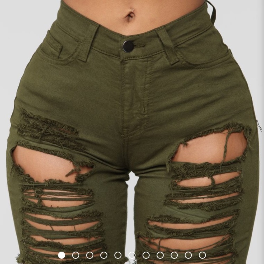 COPY - Distressed olive color stretchy jean shorts